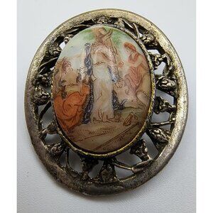 Vintage Fragonard Oval Brooch With Hand-Painted Romantic Scene & Filigree Metal
